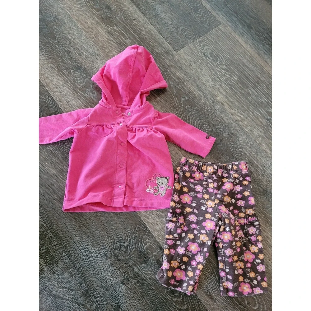 Carters Baby Girl 3 Months Pink Hooded Snap Cardigan Floral Cargo Pants Set #8